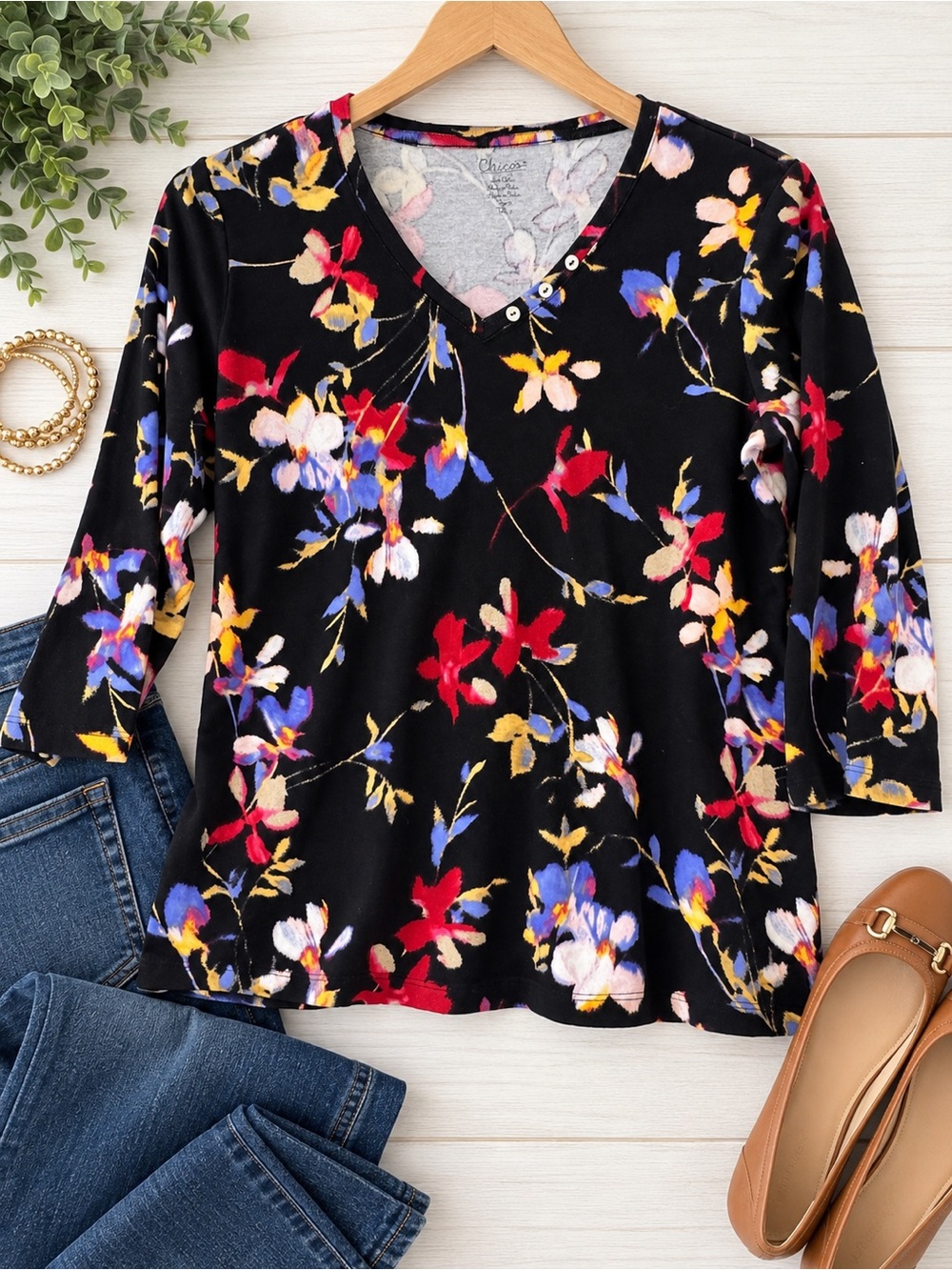 Chico's Black V-Neck 3/4 Sleeve Top with Red, Blue, Yellow & Cream Floral Print